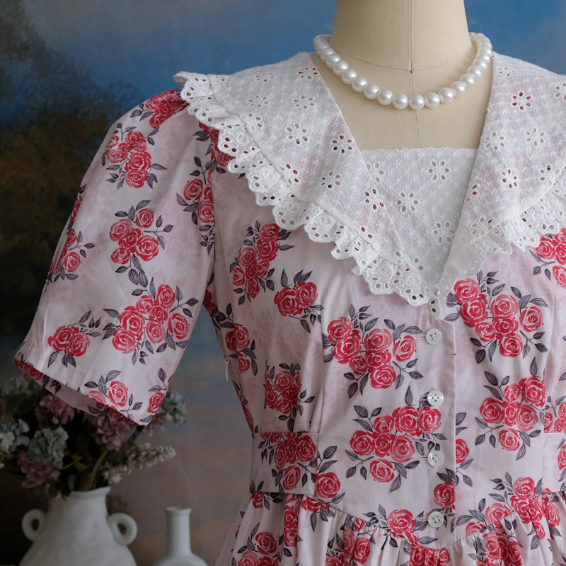 [Red Pink Rose] 80S Jcpenney Retro Embroidered Collar Thick Pure Cotton Plain Princess Dress Custom-Made Short Sleeves