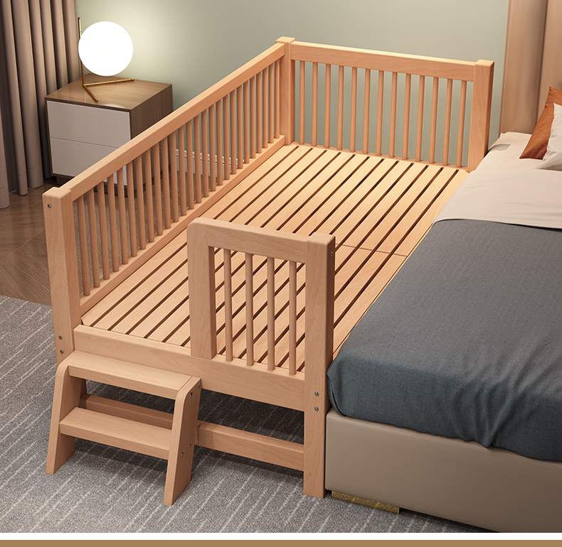 Beech Children's Bed with Fence Boy Splicing Big Bed Wider Bed Bed Boys and Girls Bed Custom Solid Wood Crew