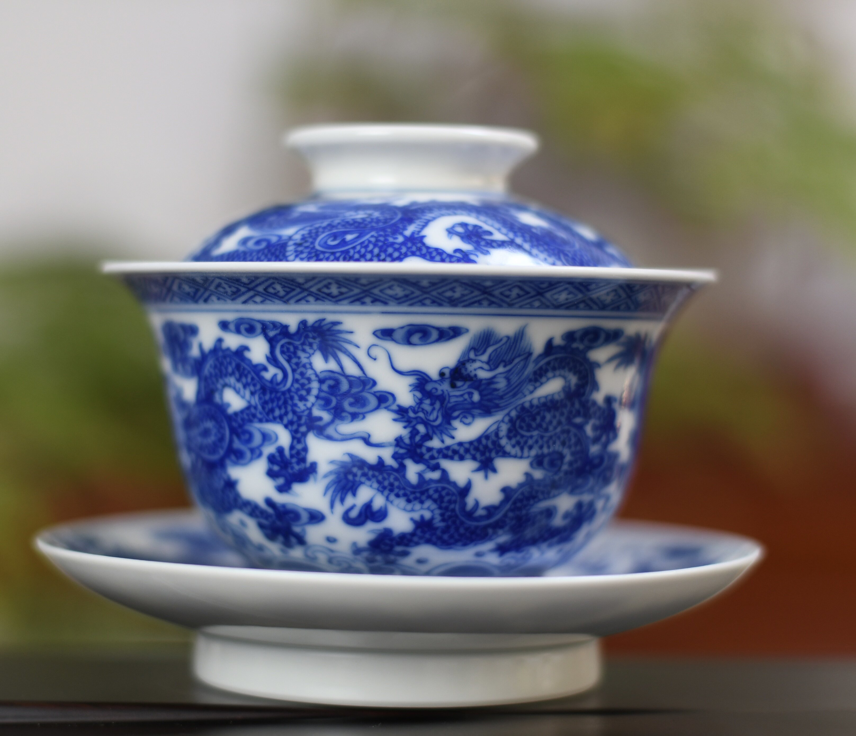 微瑕名人名作手工手绘柴窑烧制青花九龙图三才盖碗内绘龙纹景德镇