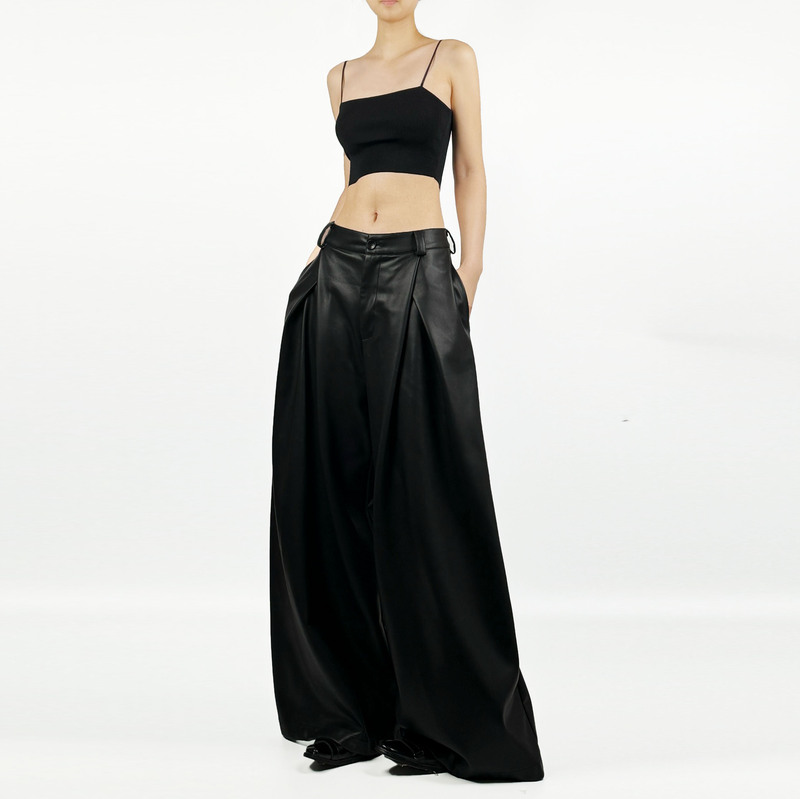 Jieyu Autumn/Winter New Black Pu Leather Pants for Women, High Waist, Slimming, Unique Wide-Leg Floor-Length Trousers Jieyu Autumn/Winter New Black Pu Leather Pants for Women, High Waist, Slimming, Unique Wide-Leg Floor-Length Trousers