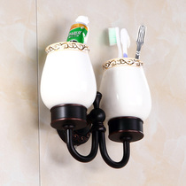 Black bronze double cup holder all-copper European mouthwash cup holder bathroom bathroom toothbrushing ceramic cup hardware pendant