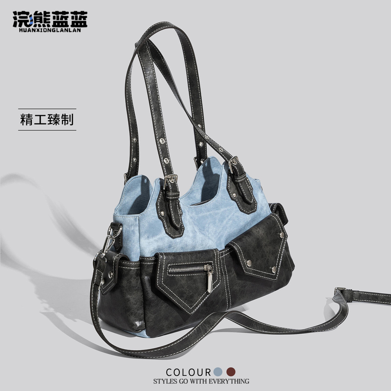 Raccoon Blue Blue Original Niche Denim Motorcycle Bag for Girls, Sweet and Cool Blue, High-End Feel, Large Capacity Commuter Crossbody Bag Raccoon Blue Blue Original Niche Denim Motorcycle Bag for Girls, Sweet and Cool Blue, High-End Feel, Large Capacity Commuter Crossbody Bag