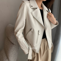 New white locomotive leather jacket female dermis imported sheep leather Henning leather jacket small and popular autumn and winter