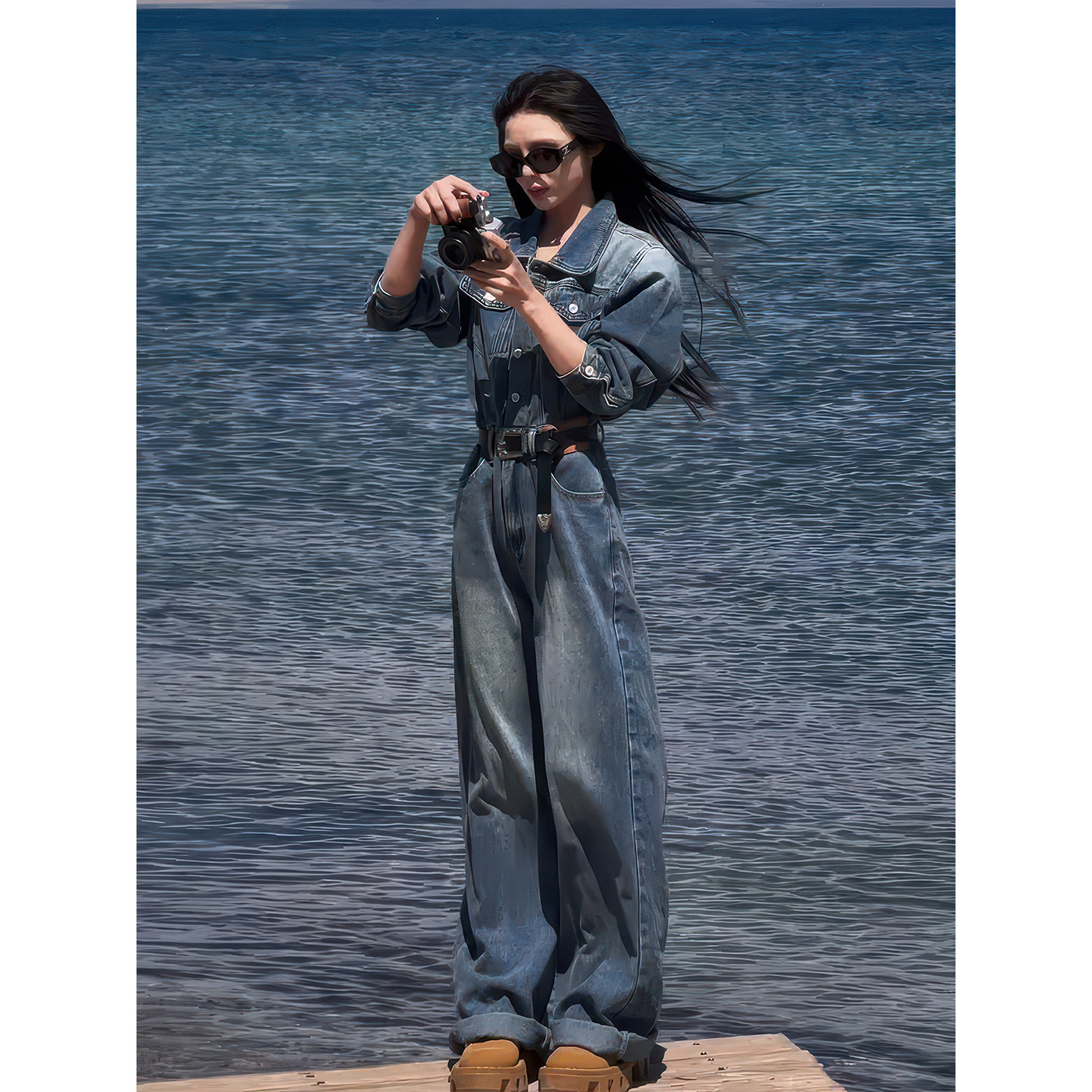 香港風レトロウォッシュドデニムジャンプスーツ（女性用）、2026年初春新作、ハイウエスト、ゆったりスリムに見えるワークウェアジャンプスーツ