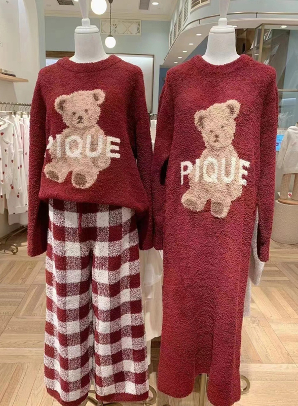 Japanese-Style Cute Plaid Bear Soft and Thick Winter Warm Pajamas for Women, Can Be Worn Outside, Plush Knitted Loungewear Japanese-Style Cute Plaid Bear Soft and Thick Winter Warm Pajamas for Women, Can Be Worn Outside, Plush Knitted Loungewear