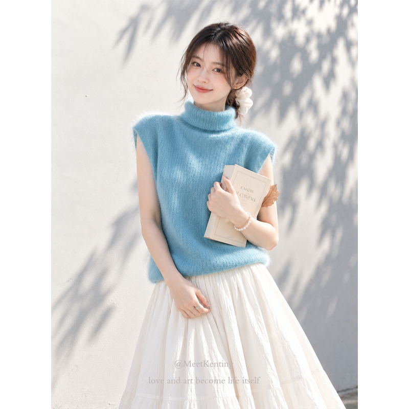 Blue Turtleneck Knit Sweater for Women, Sleeveless Vest, Gentle Style, Slim Fit Turtleneck Sweater, Layered Base Top Blue Turtleneck Knit Sweater for Women, Sleeveless Vest, Gentle Style, Slim Fit Turtleneck Sweater, Layered Base Top