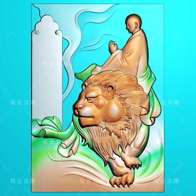 WD200 Manjushu Guanyin Bodhisattva Riding Lion Gizang Enlightenment Buddha Relief Figure Jade Carving Figure jdp