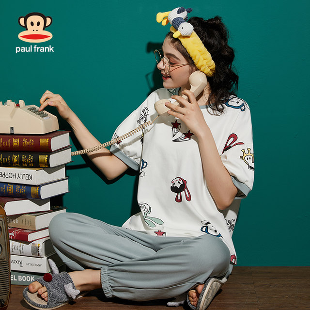 PaulFrank/Big Mouth Monkey summer women's pajamas home clothes short-sleeved loose pure cotton pure cotton section cute ບາງ