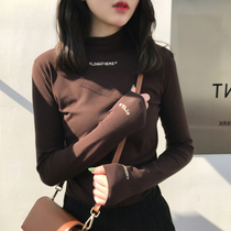 The new autumn and winter semi-high collar letter base shirt slim slim plus velvet solid color long sleeve T-shirt thickened top