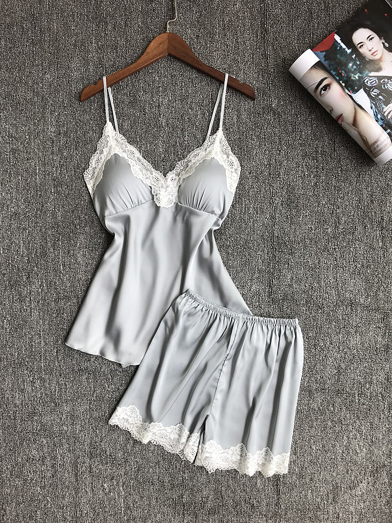 Bộ đồ ngủ gợi cảm phù hợp với phụ nữ thu thập ngực nhỏ mùa hè lụa băng dành cho người lớn nóng bỏng với áo ngực dây đeo quần pyjama hai mảnh đồ bộ kiểu đẹp 2021
