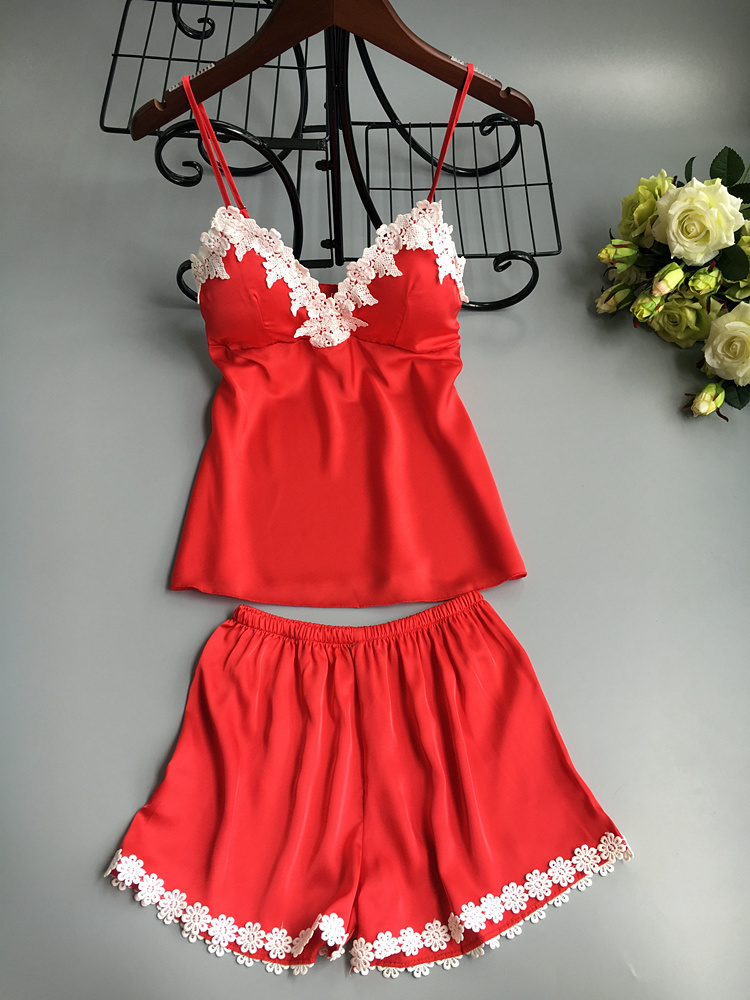 Đồ ngủ của phụ nữ mùa hè Sexy Halter đồ ngủ hai mảnh Set với ngực pad băng lụa mỏng đồ ngủ lụa bộ