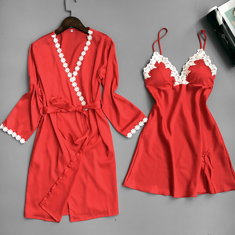 Với ngực pad tập hợp sexy đồ ngủ nữ mùa hè lụa dây đai nightdress hai bộ băng lụa áo ngủ nhà dịch vụ phù hợp với