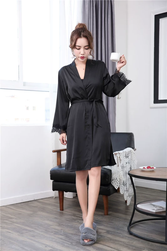 Với ngực pad băng lụa đồ ngủ dài- tay sexy dây đeo nightdress nữ mùa xuân và mùa hè lụa hai mảnh áo choàng dịch vụ nhà