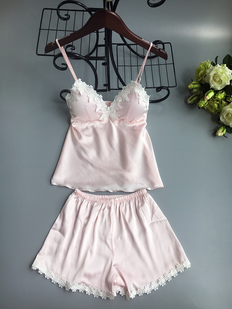 Đồ ngủ của phụ nữ mùa hè Sexy Halter đồ ngủ hai mảnh Set với ngực pad băng lụa mỏng đồ ngủ lụa bộ