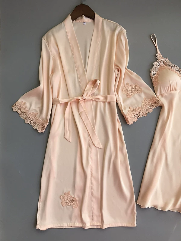 Sexy thêu cám dỗ đồ ngủ nữ mùa hè dây đeo nightdress áo choàng hai mảnh phù hợp với với ngực pad băng lụa dịch vụ nhà mùa đông