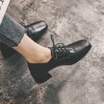 Small leather shoes women British autumn 2021 new black Joker thick heel mid heel retro plus velvet single shoes wool shoes