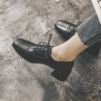 Small leather shoes womens British 2021 spring new black versatile medium heel thick heel retro velvet shoes fluffy shoes