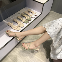 sandals womens 2021 summer new gentle fairy wind flat flat thick heel fashion crystal heel thin belt medium heel Roman shoes