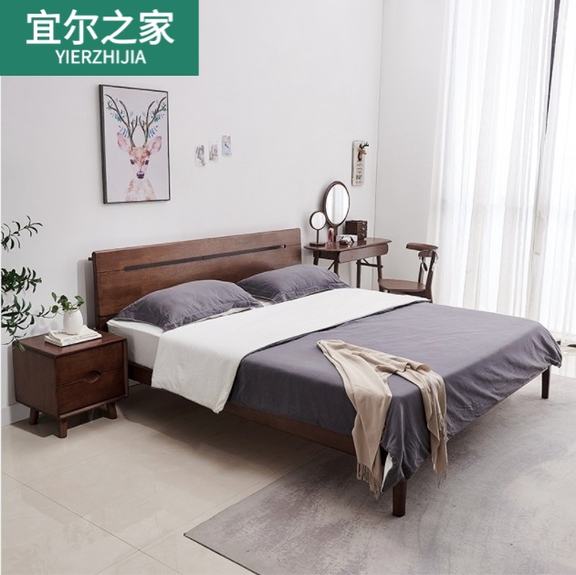 Iier Home Nordic wood bed 1 8m double 1 5 m single modern minimal small household walnut color
