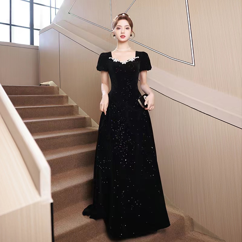 Black French Evening Dress, Coming-Of-Age Ceremony Dress for Girls, Light Luxury Niche Host Dress, High-End Performance Dress for Women