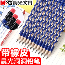 Morning Photo Positive Pole Pencil Tape Rubber Head 2B Pencil Primary School Students Specialized No Toxic Lead 2 to Triangle Phobic Orthopaedic Grip Exam Special Beginner Children Writing Pencil Wholesale