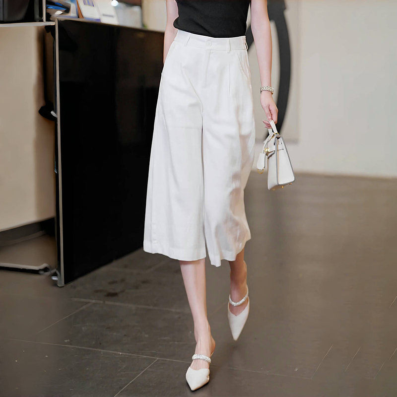 Tencel Linen Cropped Wide-Leg Pants for Women, 2026 Summer New Thin Style, Plus Size, Slimming Skirt Pants, High-Waisted, Drapey, Casual