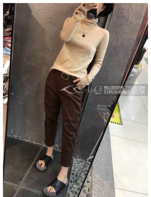 Châu Âu ga xuân hè 2018 hàng mới châu Âu áo len hoang dã áo len nữ cọc cọc cổ áo len đáy áo mùa đông áo thun tay lỡ