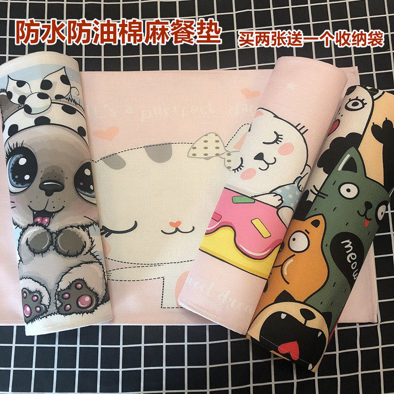 Healing Ensemble Cat Cotton Linen Mat ins Waterproof Anti Oil Western Dining Mat Elementary School Kids Lunch Mat Insulation Cloth Art Table Cloth