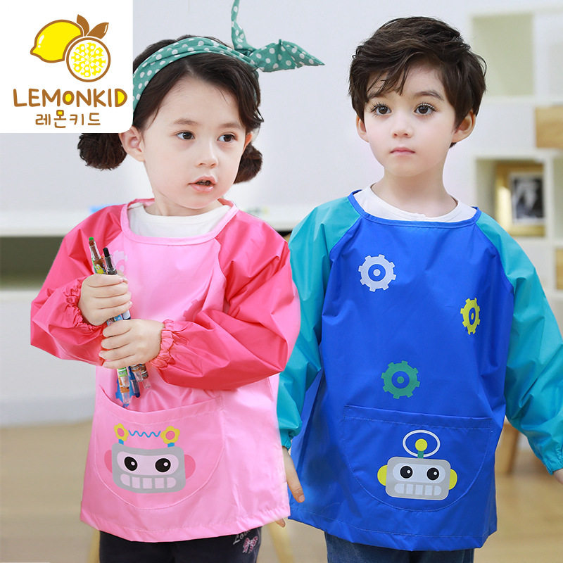 South Korea lemon baby children's painting coveralls baby anti-dressing boys and girls cute cartoon waterproof cover clothes