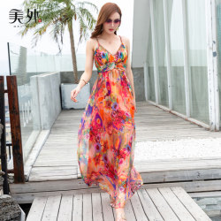 Mulberry Silk Dress Printed Silk Long Skirt V-neck Bohemian Summer New Resort Beach Skirt