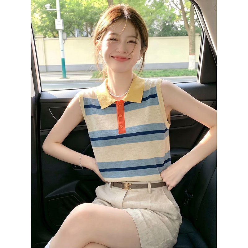 Korean Style Outfit Set 2026 New Old Money Style Polo Collar Sleeveless Knit Top and Shorts Set for Women Summer Korean Style Outfit Set 2026 New Old Money Style Polo Collar Sleeveless Knit Top and Shorts Set for Women Summer