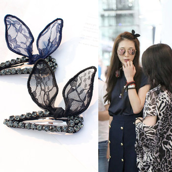 ມືຫໍ່ເກົາຫຼີ bb clip lace rabbit ear hair clip ຍີ່ປຸ່ນແລະເກົາຫຼີ hair accessories headdress rhinestone bangs side clip duckbill clip