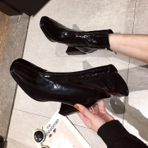 2021 new patent leather square head high heel Martin boots female rough heel short boots thin spring and autumn single boots winter versatile