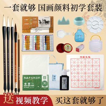 Chinese Painting Beginner Set Art Supplies Tools Complete Set of Paints Painting Materials Fine Brushwork Ink Painting Chinese Painting Brush Beginner Entry-Level Children Primary School Students Genuine 8K Raw Rice Paper Semi-Raw