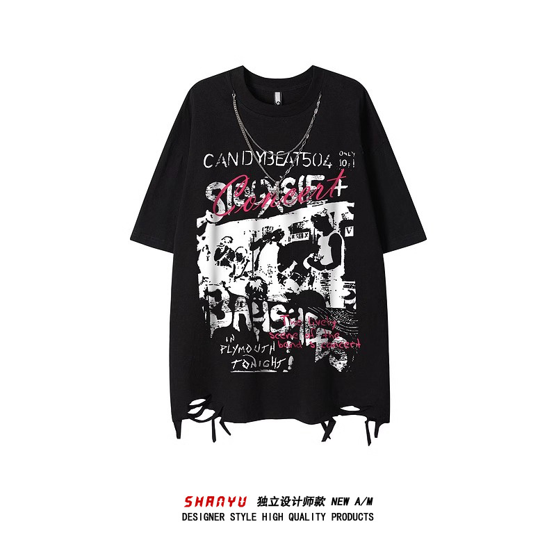 Shanyu Vintage Rock Band Design Short T-Shirt Summer Trendy Brand Heavy-Duty Necklace Decoration Distressed