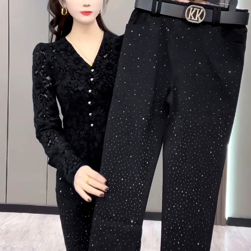 Black Casual Pants with Rhinestones for Women, Elastic High-Waisted Slimming Long Pants, Versatile Black Pencil Pants