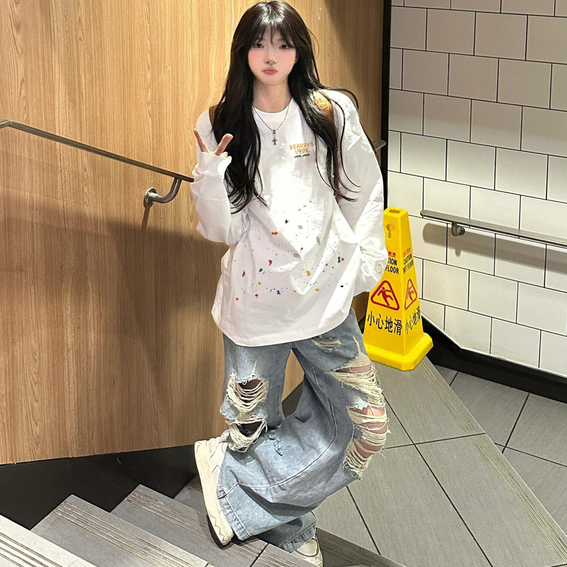 Chinese Trendy Brand Graffiti Print Pure Cotton Long-Sleeve T-Shirt for Women 2025 Early Spring, Autumn, and Winter Loose and Casual Inner Layer Top