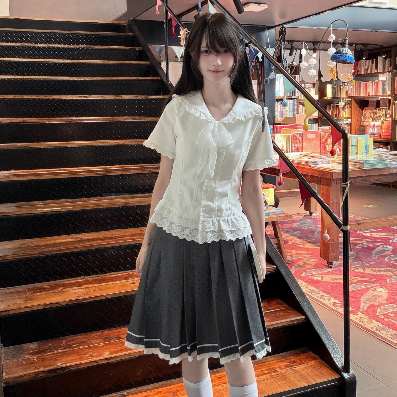 Yuma Hatsuta Town JK Original L Leixia Short sleeved Lace Lace Sailor Neck Shirt Polka Dot Skirt Set Academic Style