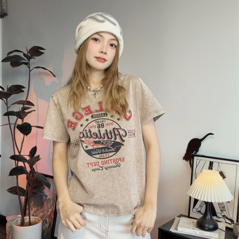 Heyi【Rum Black Tea】2026 Summer New Style Washed Spray-Dyed Round Neck Letter Short-Sleeve T-Shirt H85