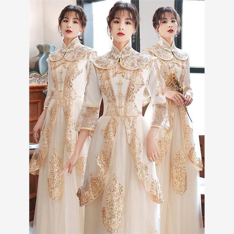 Chinese-Style Bridesmaid Dresses 2022 New Winter Long Wedding Hanfu Xiuhe Sister Group Champagne-Colored Dress for Women with Long Sleeves Chinese-Style Bridesmaid Dresses 2022 New Winter Long Wedding Hanfu Xiuhe Sister Group Champagne-Colored Dress for Women with Long Sleeves