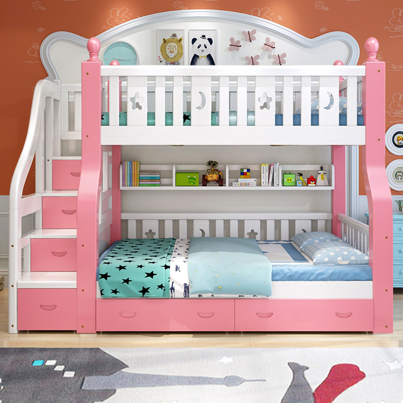 Full solid wood primary-secondary bed BUNK BED PRINCESS DOUBLE BED PINK MULTIFUNCTIONAL CHILDREN'S BED UP AND DOWN BUNK BED HIGH AND LOW BED