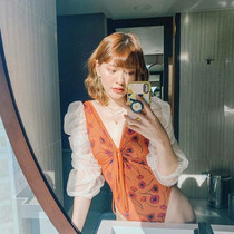 2021 new meat-covered swimsuit female fairy fan sexy Net red high open fork cover belly thin Korean ins hot spring