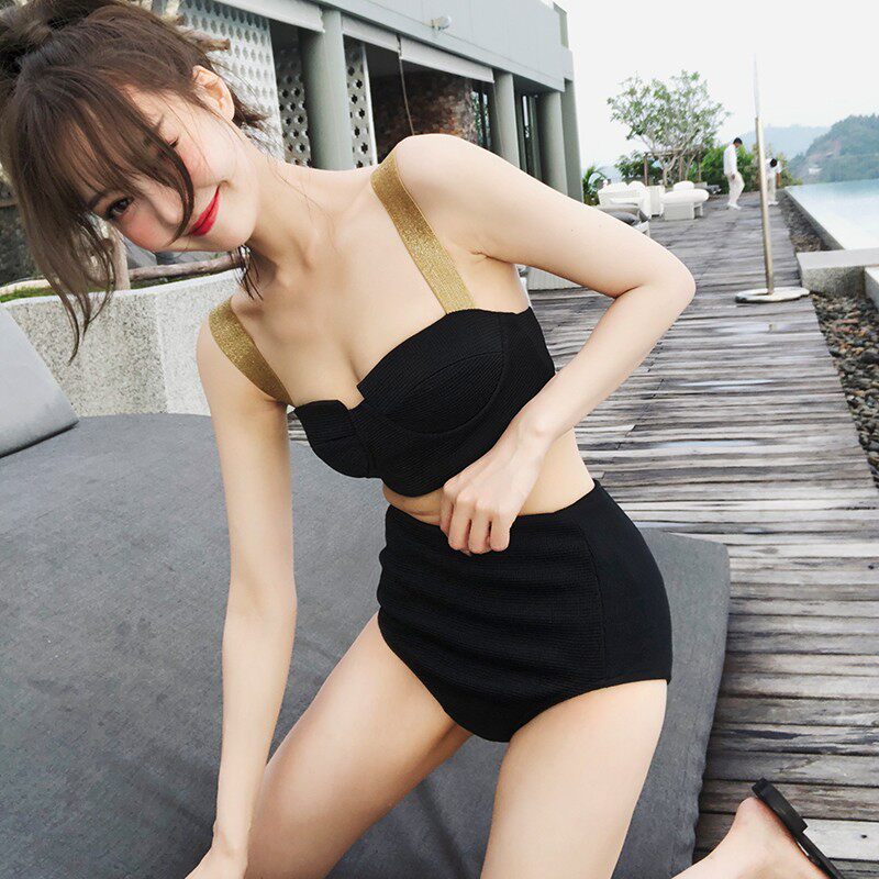 High Waist Bikini Sexy Little Chest Advanced Sensation 2023 New Burst Summer Pure Desire Black Split South Korean Swimsuit Woman-Taobao