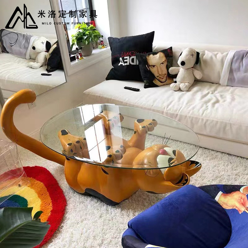 Nordic Design Creative Net Red Cute Cartoon Garfield Fiberglass Coffee Table Living Room Hotel Lobby Glass Tea Table
