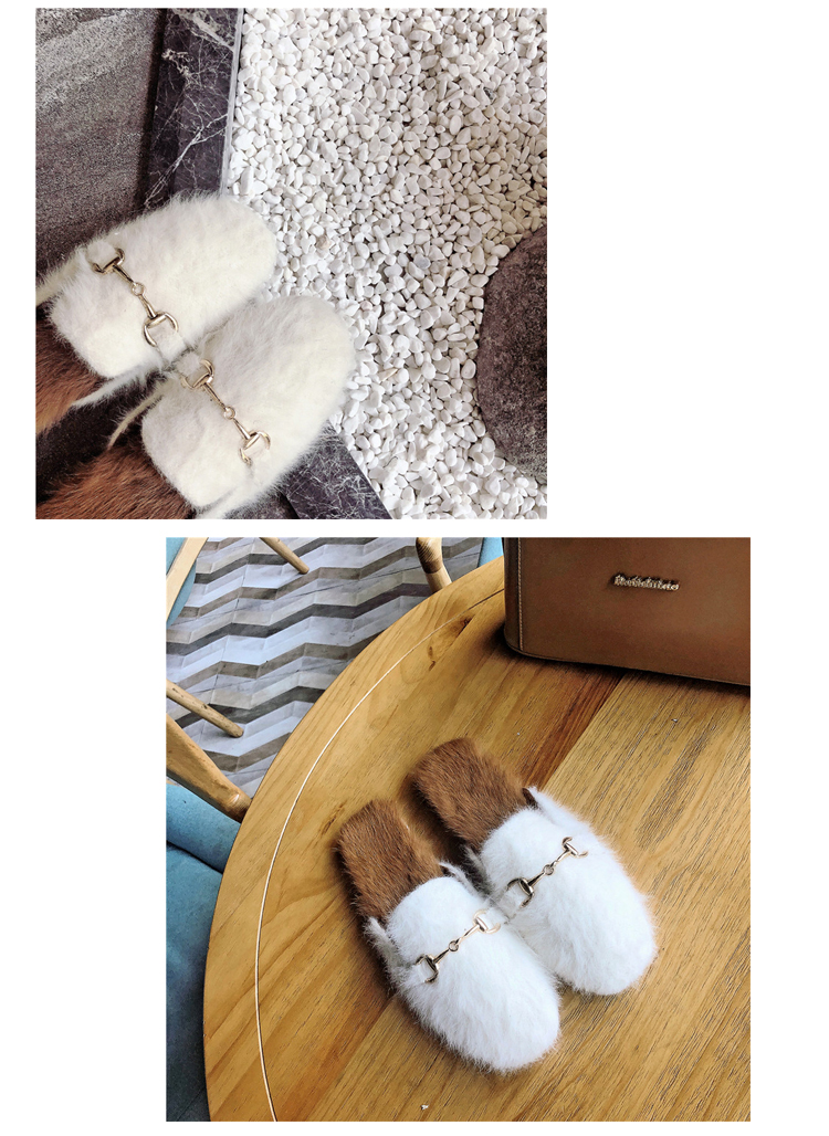 Mùa thu 2018 mới lưới lông đỏ nửa đầu dép nữ xã hội phẳng thời trang retro chic mặc lười giày dép