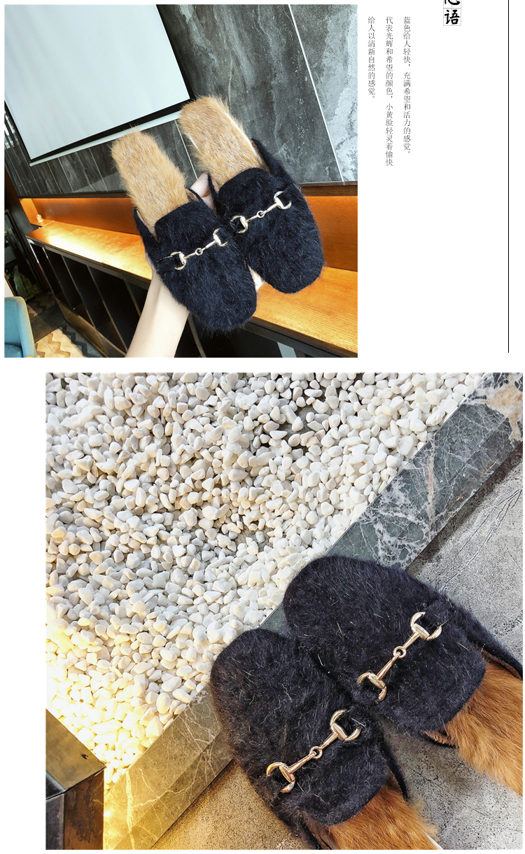 Mùa thu 2018 mới lưới lông đỏ nửa đầu dép nữ xã hội phẳng thời trang retro chic mặc lười giày dép