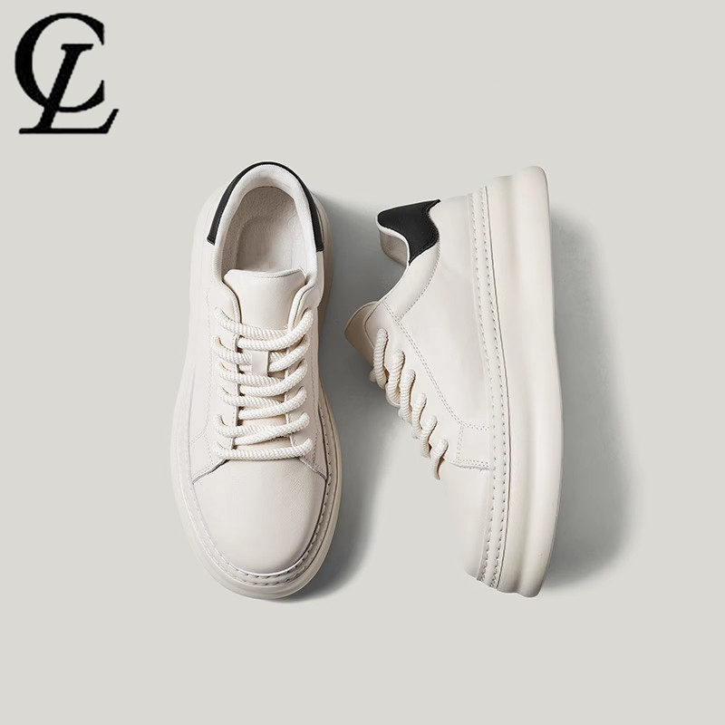 Laychi New Thick-Soled Business Casual Sneakers Men's Genuine Leather Versatile White Shoes Increased Comfort Boots Men's Shoes