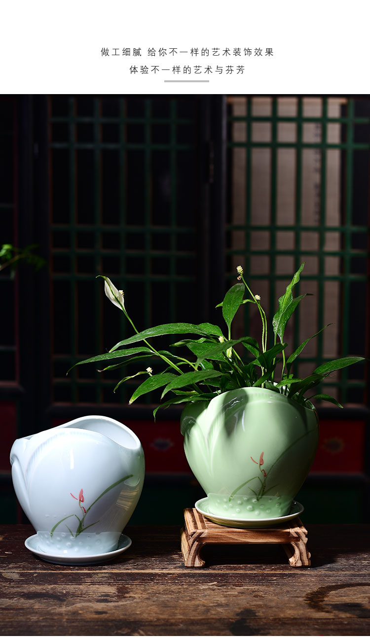 Ceramic POTS with extra large tray was contracted household indoor green, the plants money plant flowers, potted orchids get rich tree