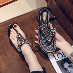 Flat -bottom sandals female fairy style 2024 spring new net red fashion clip toe rhinestone Roman beach shoes ins tide