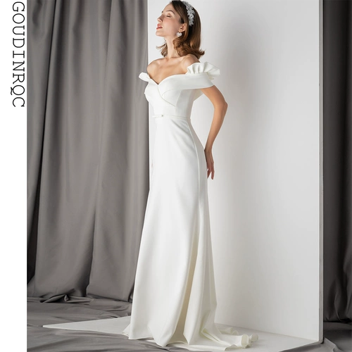 Белое ретро элегантное платье для невесты, открытые плечи, крой «рыбий хвост», премиум класс